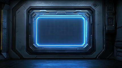 Futuristic interior with glowing blue panel.