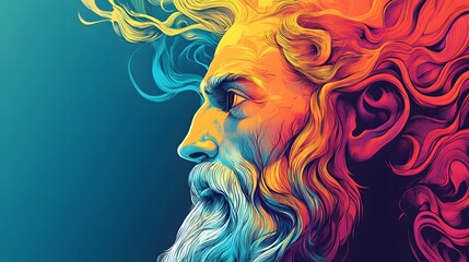 Colorful profile portrait of a man with a long beard and hair.