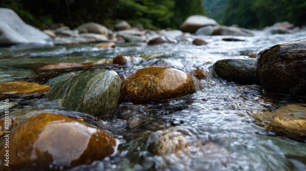 Poster a stream of water flows between large rocks
