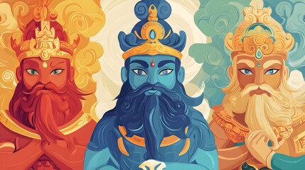 Three deities with vibrant colors and intricate details.