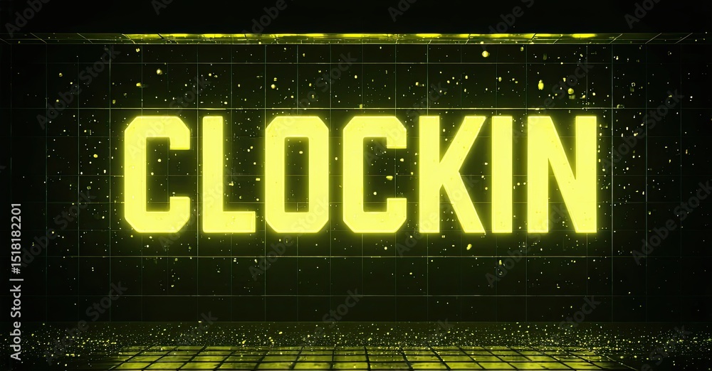 Poster Bright neon text spells CLOCKIN against dark background. Grid pattern creates futuristic aesthetic. Glowing particles enhance visual impact.
