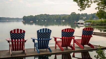 Adirondack chairs draped in the American flag's design, ready for a relaxing lakeside view.
