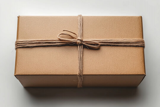 Simple Rectangular Cardboard Box with Twine String, Natural Brown Packaging on White Background