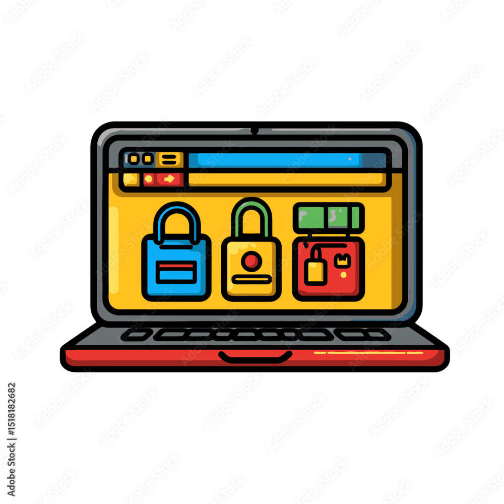 Poster online store icon featuring a laptop with a simple flat design showcasing shopping elements and secu