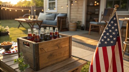 A patriotic backyard scene featuring an american flag, soda bottles, and festive patio setting.