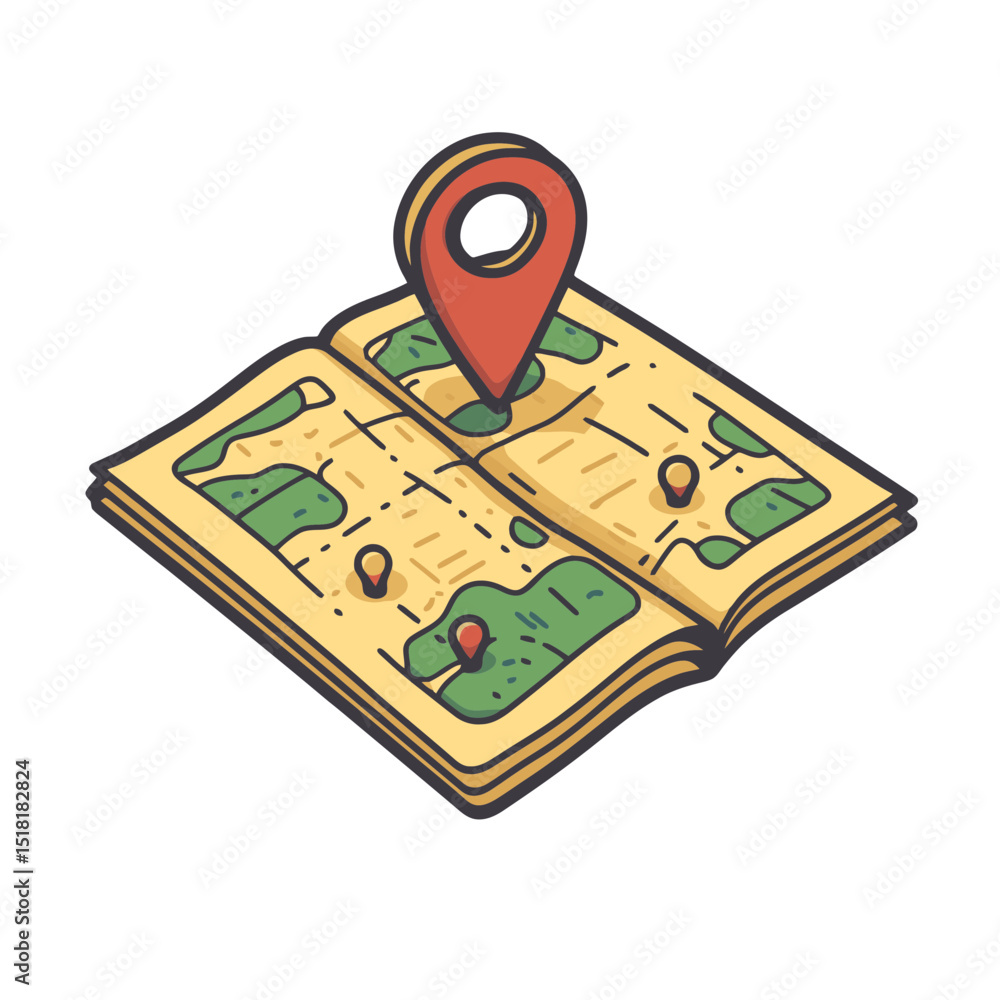 Poster flat cartoon map icon illustrating a location pin on a detailed map with outlined features in bright