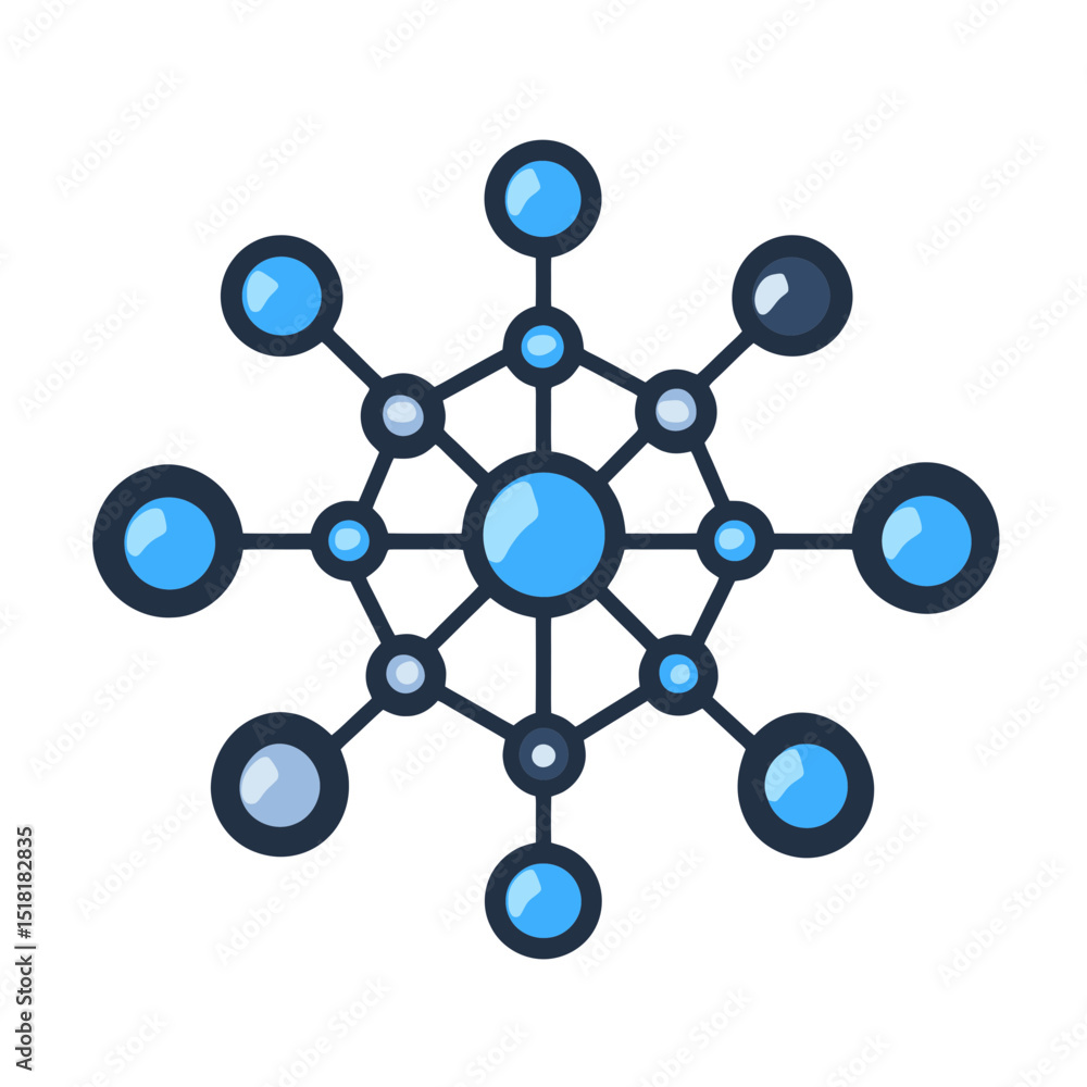 Poster network icon featuring simple flat cartoon design with interconnected nodes and circles in blue tone
