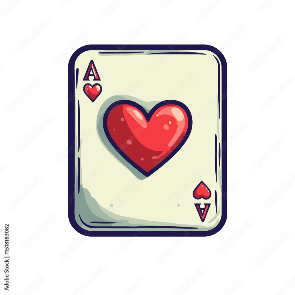 Poster simple flat cartoon icon of a playing card featuring a heart symbol in a colorful and playful design