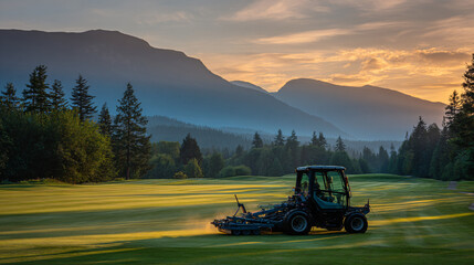 Fototapeta premium Golf Course Maintenance at Sunrise with Mountain View