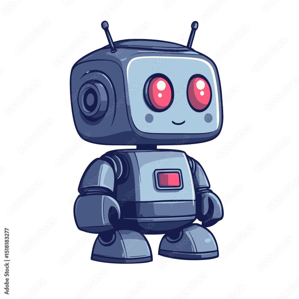 Poster simple cartoon robot toy icon design featuring a friendly face and colorful features suitable for va