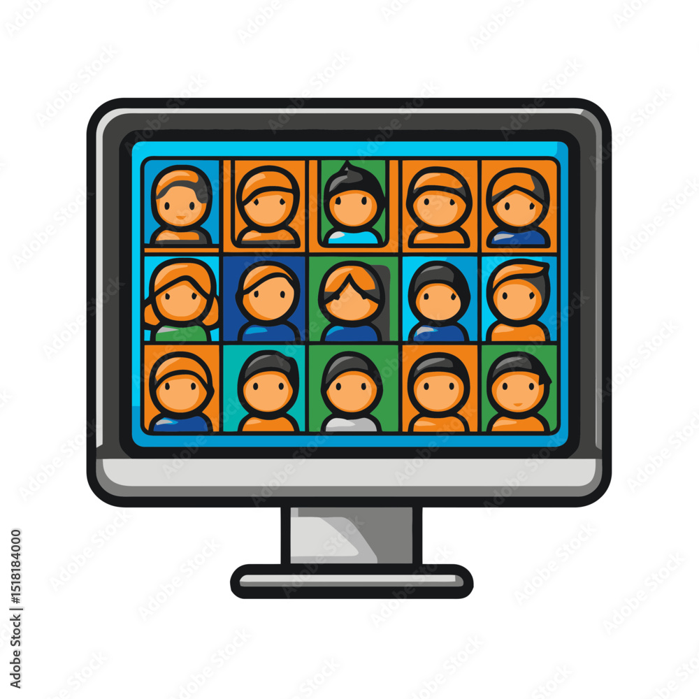 Poster modern flat design video call icon featuring multiple participants on a computer screen showcasing d