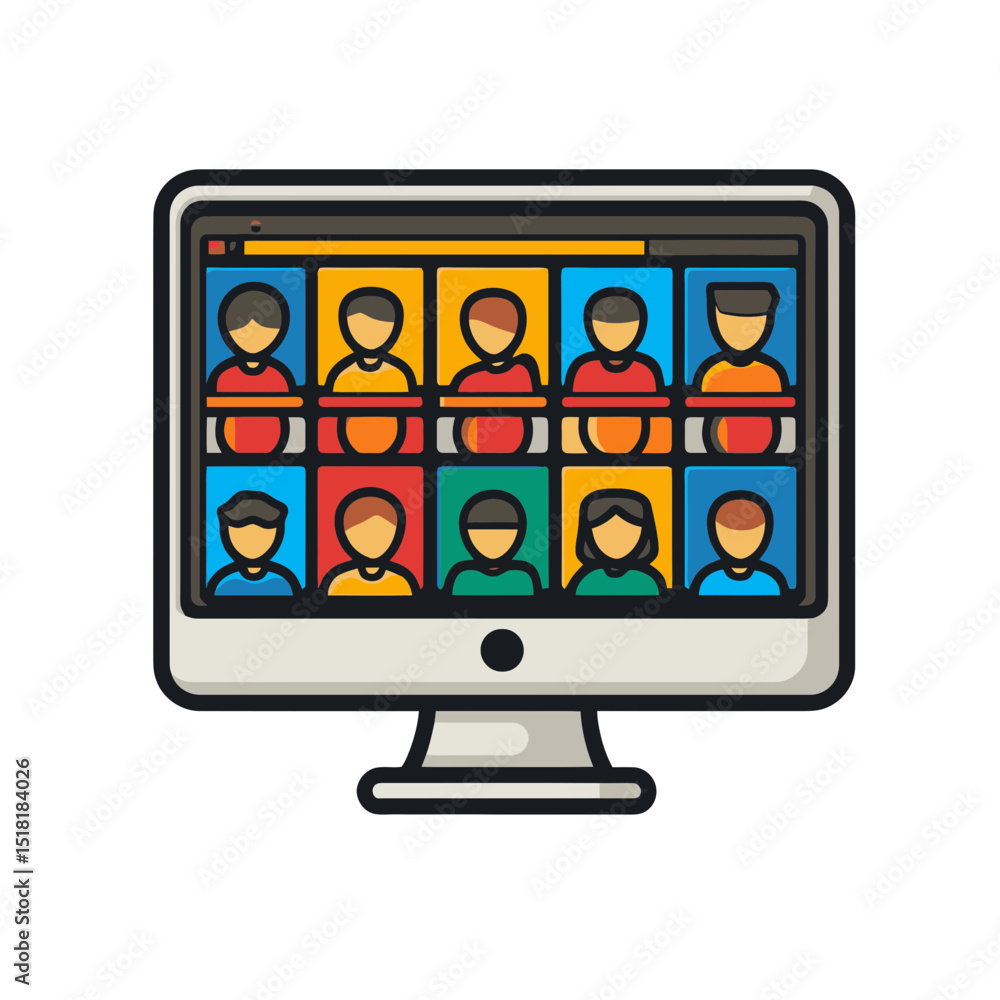 Poster video call icon with multiple participants displayed on a computer screen in a simple flat design fo