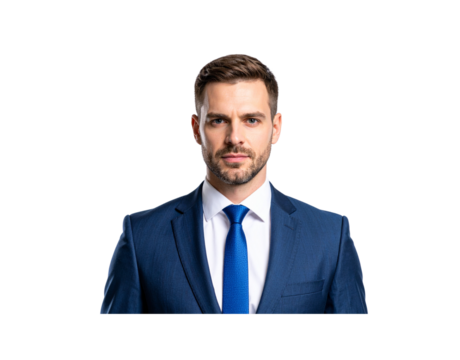 Confident Businessman in Blue Suit with Textured Tie Direct Gaze