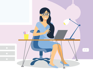 A woman freelancer working with a laptop sitting at the workplace. Vector illustration of a girl working on a computer.