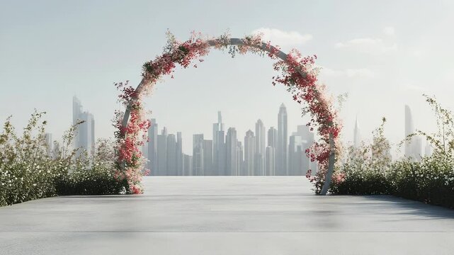 Floral Arch with Skyline Backdrop: A Serene Urban Oasis for Special Occasions