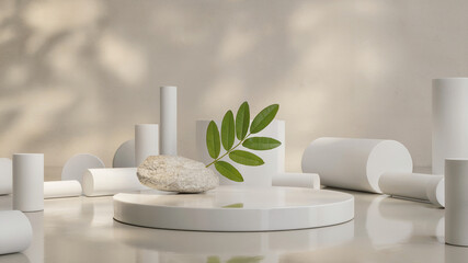 Minimalist 3d rendered composition showcasing nature with organic elements and abstract geometric shapes