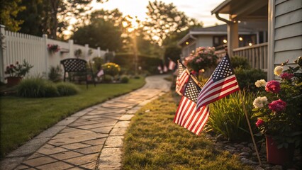 American flags adorn a beautiful garden pathway, celebrating independence day with a warm, golden sunset.