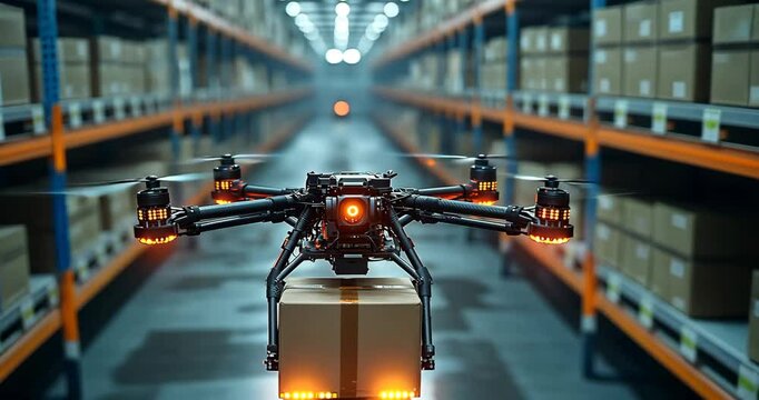 A drone carrying a package flies through a warehouse, showcasing automated delivery.
