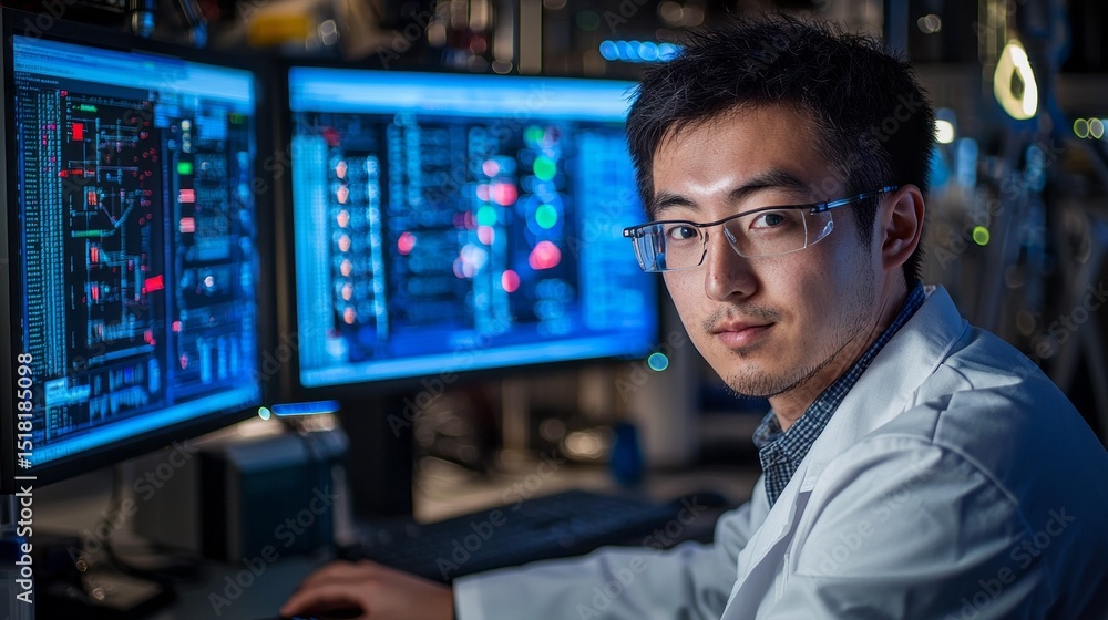 Aufkleber A scientist in a lab coat focuses on computer screens displaying complex data