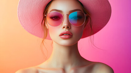 Fototapeta premium A confident young woman showcases her fashion sense wearing pink sunglasses and a wide-brimmed hat while posing against a pastel backdrop
