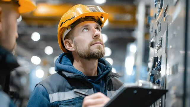 Worker in safety gear inspecting machinery in a modern industrial setting with bright lighting