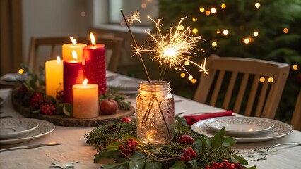 A beautifully decorated table setting with candles and sparklers, perfect for a holiday dinner.