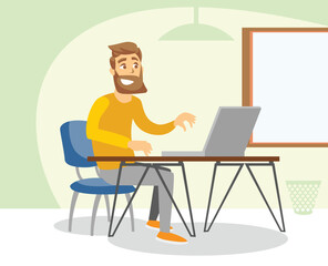 A man freelancer working with a laptop sitting at the workplace. Vector illustration of a man working on a computer.