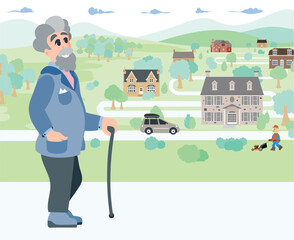 An elderly gentleman walks through a neighborhood. Vector illustration of a neighborhood.