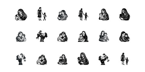 Obraz premium Mother and Child Silhouette Vector Set – Family Love Clipart Bundle for Motherhood and Parenting Designs