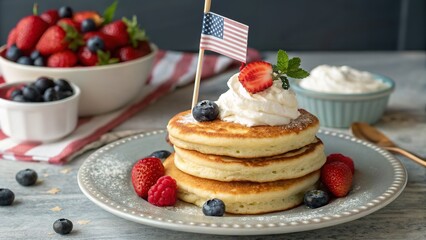 A delicious stack of pancakes with fresh berries and a small American flag on top for a patriotic holiday.