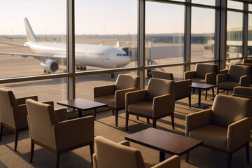 Empty modern airport lounge with armchairs and tables overlooking parked airplane at boarding gate in afternoon light