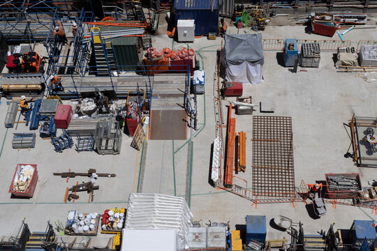 Overhead view of a construction site with workers