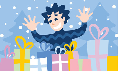 A boy is happy with the gifts he received. Illustration of a child with New Year's gifts.