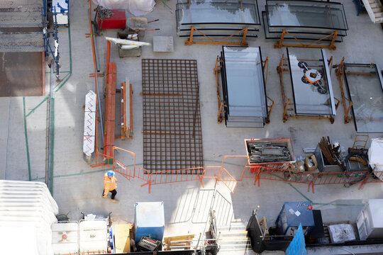 Overhead view of a construction site with construction worker