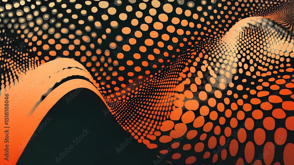 Poster dynamic wave pattern background with halftone dots in orange and black hues