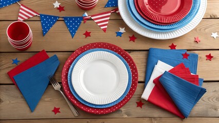 A patriotic table setting with plates, napkins, and decorations, perfect for a festive summer party.