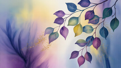 Watercolor style depiction of branch with colorful leaves against a soft background