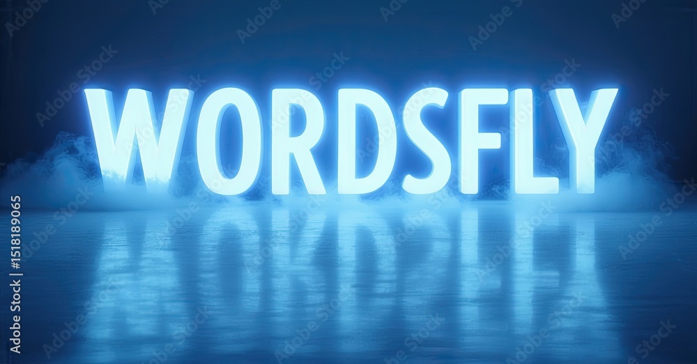 Poster Bright neon sign displays WORDSFLY. Reflection appears distorted below text, creating visual effect. Blue tones dominate image.
