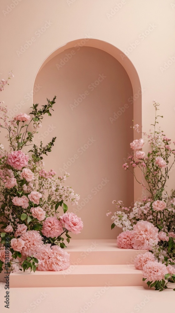 Poster soft pink flowers and delicate greenery frame an archway, creating a tranquil setting perfect for ce