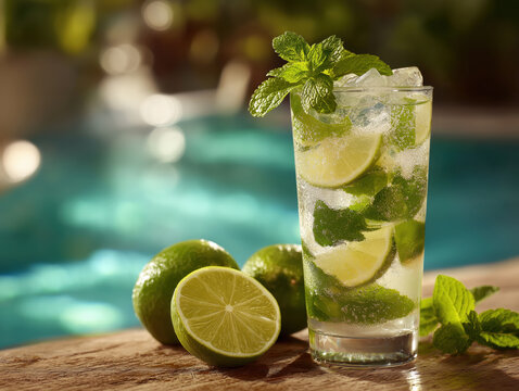 Refreshing mojito cocktail with lime and mint by the pool