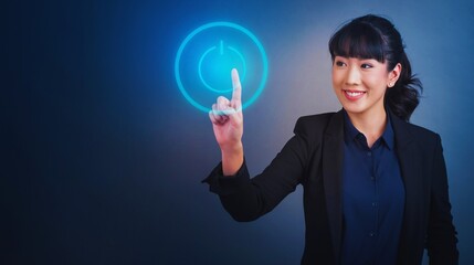Young businesswoman touches a glowing light bulb, symbolizing a bright idea for future digital success