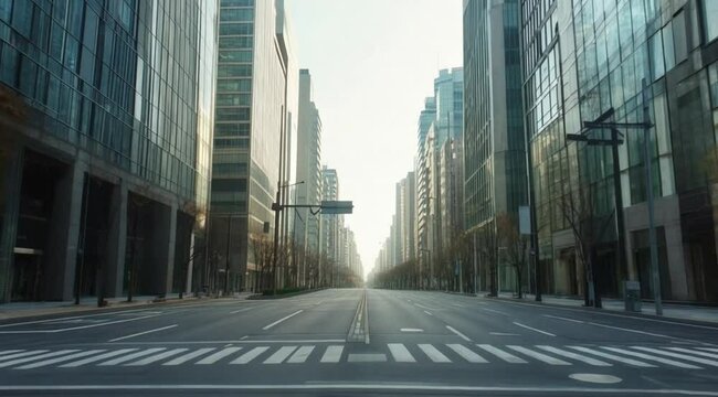Urban Silence: Empty City Street Amidst Towering Modern Buildings