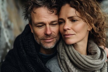 Portrait of a content caucasian couple in their 40s expressing their feelings