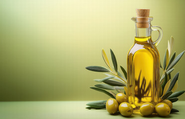 Premium olive oil in glass bottle with olives and olive branch on green background