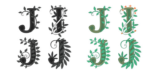 The letter j in various botanical styles with decorative vines and leaves in different color palettes on white background © Hafiz