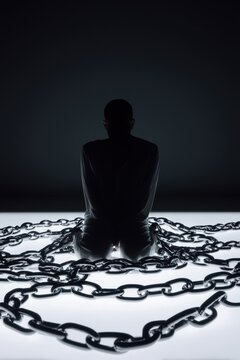 A person is chained to a table with chains surrounding them
