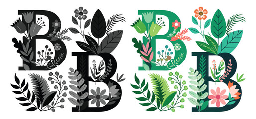Letter b illustrated with florals and leaves in various color schemes for design and decorative purposes