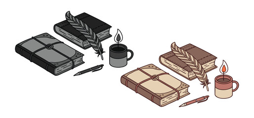 Illustration of books candles quill pens with a cozy warm atmosphere and vintage writing elements