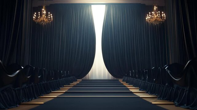 Elegant theatre backdrop revealing glowing light, setting the stage for a performance