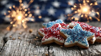 Sparkling red and blue star cookies on a wooden tray with golden fireworks on silverware, celebrating patriotic spirit.